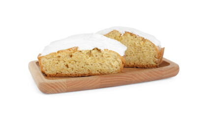 Pieces of homemade yogurt cake with cream on white background