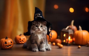 Kitten in a black hat, Halloween. AI generated. 