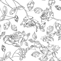 Black and white seamless pattern with rose