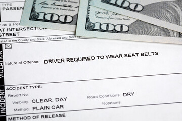 Seat belt traffic ticket and cash money. Traffic citation, fine and law concept.