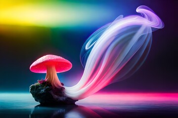 mushroom with mosh and colorful smokes isolated on dark. close up