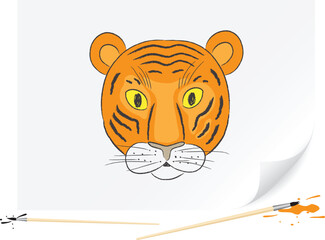 Children drawing of a small tiger a brush paints on a paper