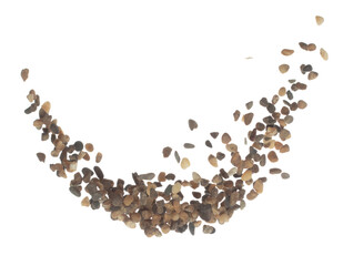 Fish Tank decorative Rock stone gravel fly explosion fall, brown stone rock explode abstract cloud fly, splash in air for ground floor. White background isolated high speed shutter freeze shot