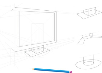 Sketch of tv and holders drawn by a pencil isolated on white