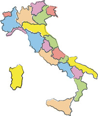 Full-color map of Italy, region borders traced with artbrush style