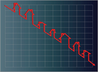 Vector eps8.  Blue housing graph with a downward projection using a red line of little houses.