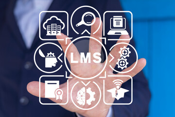 Man using virual touch screen sees abbreviation: LMS. LMS - Learning Management System for lesson and online education, course, application, study, e learning, knowledge everywhere and every time.