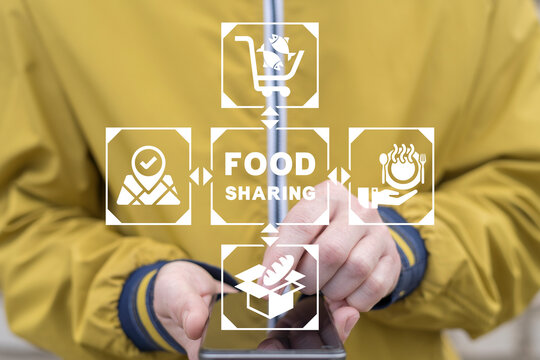 Food sharing concept. Online web project to share food. Charity, volunteer organization, restaurant or cafe. Share meal, waste reduction, giving helping hand to poor or refugees.