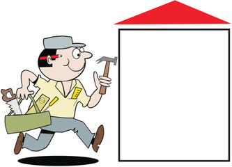 Vector cartoon of enthusiastic carpenter running with tools and blank display square.