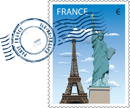 Vector postmark with sight of eiffel tower and Statue of Liberty