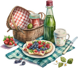 Watercolor wicker picnic basket with pancakes, jam, fresh berries, strawberry, blueberry, apple, green tea and crockery.