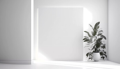 Minimalism, white walls. Green plant on the background of white walls. Banner. Generative AI