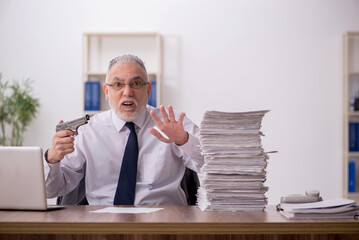 Old male employee holding gun at workplace