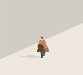 Man in brown coat with heavy box and shopping bag walking on the streets. People lifestyle. 