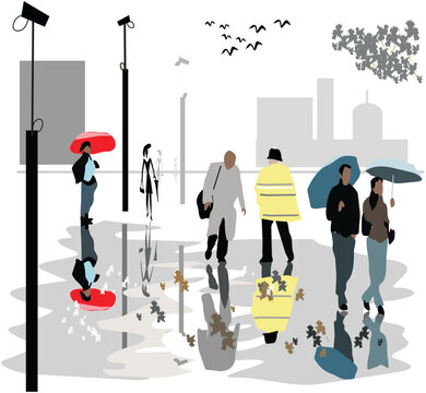 Vector illustration of pedestrians walking through rainy city streets.