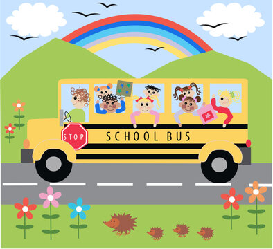 school bus with lot of different children