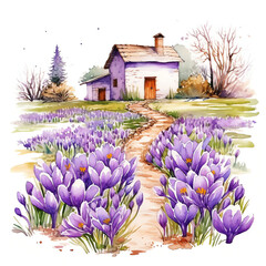 Beautiful Watercolor Crocuses Flowers. Creative Artistic Illustration