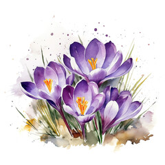 Beautiful Watercolor Crocuses Flowers. Creative Artistic Illustration