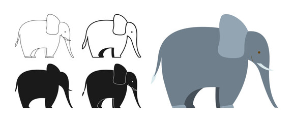 Elephant wild animal cartoon style set. African or Indian cute elephant symbol, line doodle animal silhouette. Flat funny character icon. Hand drawn mammal simple abstract zoo vector illustration