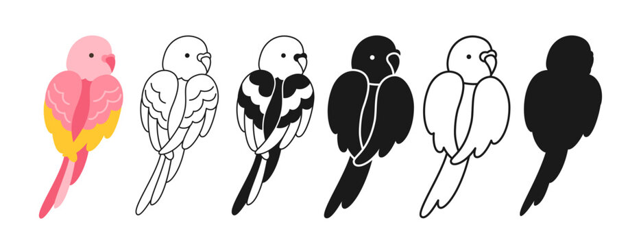 Parrot tropical cartoon set. Exotic bright budgerigar parrots sitting silhouette, outline sign or engraved childish summer collection. Wildlife jungle Hawaiian cute pink bird, funny character vector