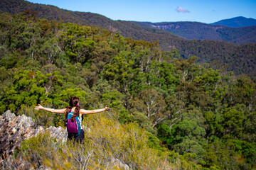 Naklejka na ściany i meble A beautiful girl celebrates a successful climb of the Pages Pinnacle and enjoys the view while standing on the narrow Razorback ridge. Hidden gems in Springbrook National Park, Gold Coast, Queensland 