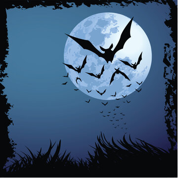illustrations of halloween night with bats flying over blue moon, with grunge style.