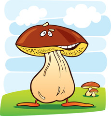 Cartoon illustration of funny mushroom on walk