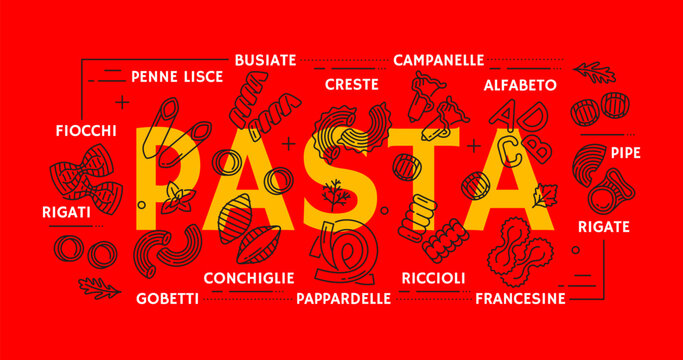 Pasta types banner, Italian cuisine food cooking or restaurant menu, line vector. Italian cuisine pasta types of penne lisce, pappardelle and conchiglie, rigati and creste pasta with riccioli or pipes