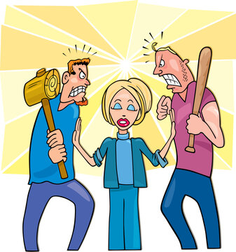 Illustration of two angry men going to fight and calm woman peacemaker