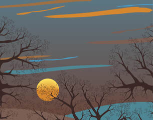 Editable vector illustration of a winter sunset with copy-space