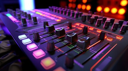 Sound panel for working in the studio and on TV projects. Close-up of the Mixing console. mixing knobs. mix musical tracks on techno party in night club. blurred concept, Generative AI illustration