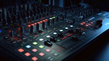 Sound panel for working in the studio and on TV projects. Close-up of the Mixing console. mixing knobs. mix musical tracks on techno party in night club. blurred concept, Generative AI illustration