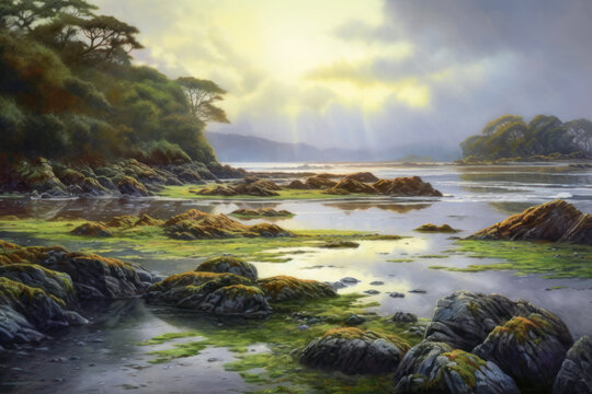 Early morning dawn landscape, rocks and water, sea, Celtic, Ireland. Generative AI