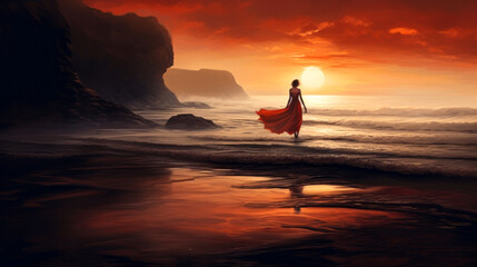 Woman in a red dress standing in the water on the ocean shore, looking at sunrise, dark, warm, landscape. Generative AI