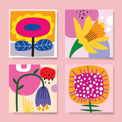 Set of colorful abstract flowers and leaves floral hand drawn in retro style vector illustration wall art background.
