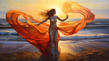 Woman in a flowing red dress dancing on the ocean shore, Celtic, painting. Generative AI - obrazy, fototapety, plakaty