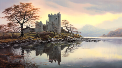 Old stone castle building on lake shore, landscape, Celtic. Generative AI - obrazy, fototapety, plakaty