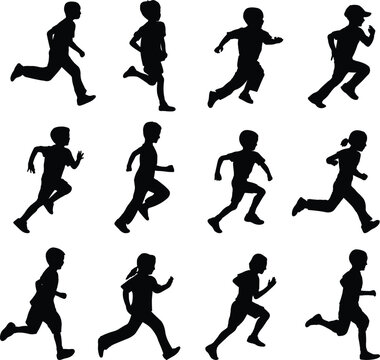 set of running children silhouettes - vector