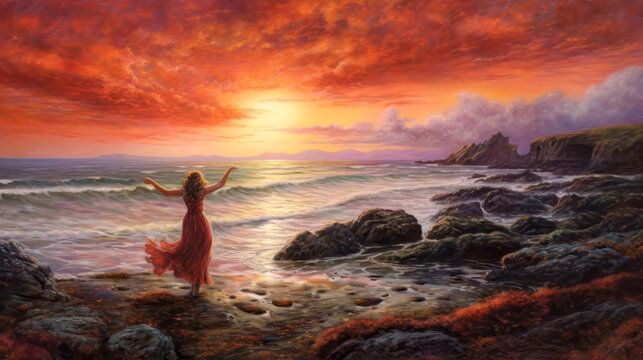 Woman in red dress dancing on the rocky seashore in the early morning dawn, landscape painting, red warm colors, Celtic. Generative AI