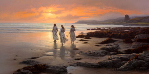 Naklejka premium Three women walking on the seashore at dawn, landscape, Celtic. Generative AI