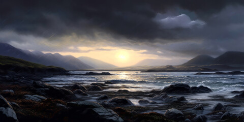 Misty rainy early morning dawn landscape, seashore, Celtic, dark. Generative AI - obrazy, fototapety, plakaty