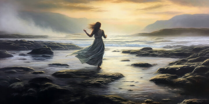 Woman dancing on a Celtic sea shore at dawn. Generative AI