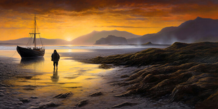 Silhouetted figure walking towards wooden boat on seashore at dawn, landscape, Celtic. Generative AI