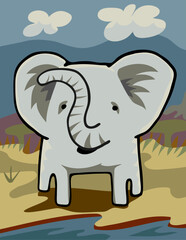 Obraz na płótnie Canvas Front view of an elephant grazing near a river through an African grassland.