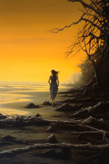 Woman walking along a shore with a yellow otherworldly sky, painting. Generative AI