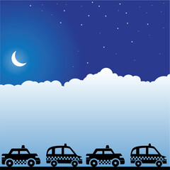 An image of a night scene with taxi cabs.