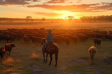 Australian outback landscape with man on horse herding cattle along a dusty paddock at sunset.  Generative AI - obrazy, fototapety, plakaty