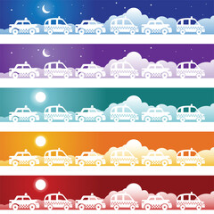 Set of images with multiple taxi cabs with day/night background.