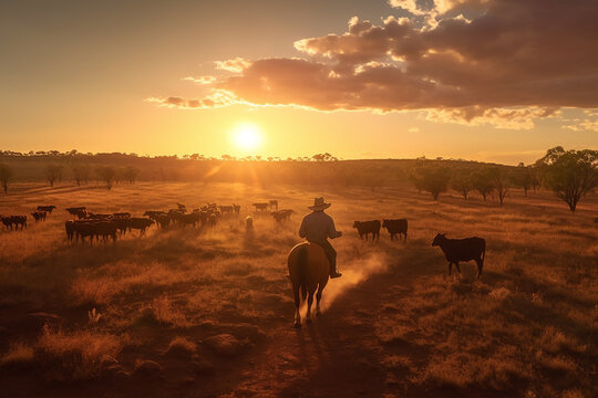 Australian Outback Landscape With Man On Horse Herding Cattle Along A Dusty Paddock At Sunset.  Generative AI