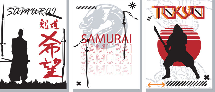vector collection of Japanese samurai posters. for printing clothes and print media. 90s style japan. art samurai red and black color